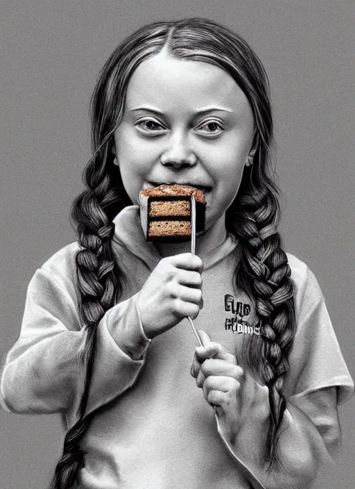 Image similar to greta thunberg eating cakes, detailed digital art, trending on Artstation