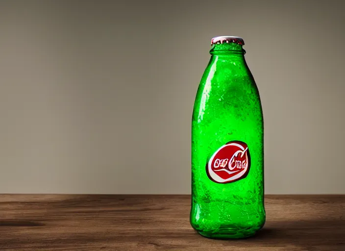 Prompt: product photo still of a long slender coca cola style bottle filled with green glowing liquid with a glass filled with green glowing liquid next to it, 8 k, 1 0 0 mm f 1. 4