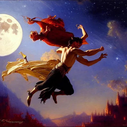 Image similar to attractive male witch magically flying trough the night, fantasy, full moon in background. highly detailed painting by gaston bussiere, craig mullins, j. c. leyendecker 8 k