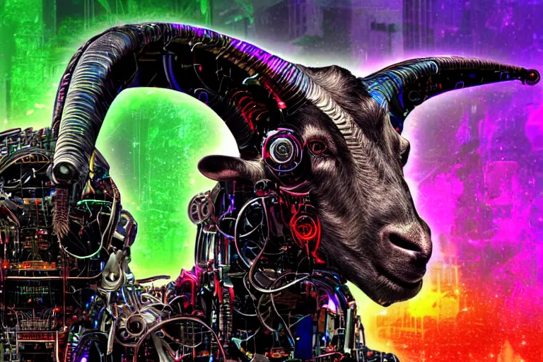 Image similar to complex cyberpunk machine background merged with evil cybernetic goat head in center focus, multicolored digital art