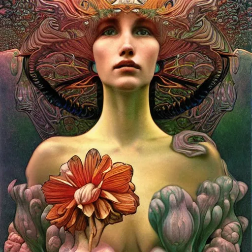 Image similar to queen of jupiter by zdzisław beksinski and alphonse mucha. highly detailed, hyper - real, very beautiful, intricate fractal details, very complex, trending on deviantart and artstation