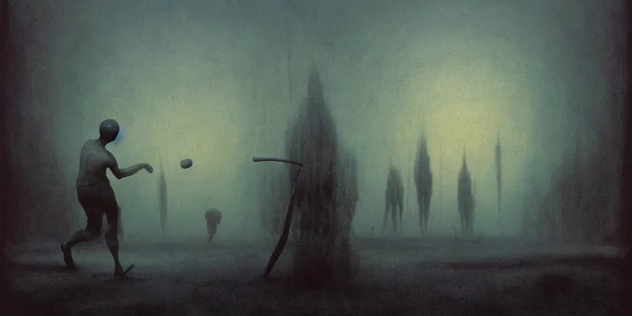 Image similar to painting of a man playing baseball with eldritch beings, by Zdzislaw Beksinski, gothic, amazing details, cold hue's, warm tone gradient background