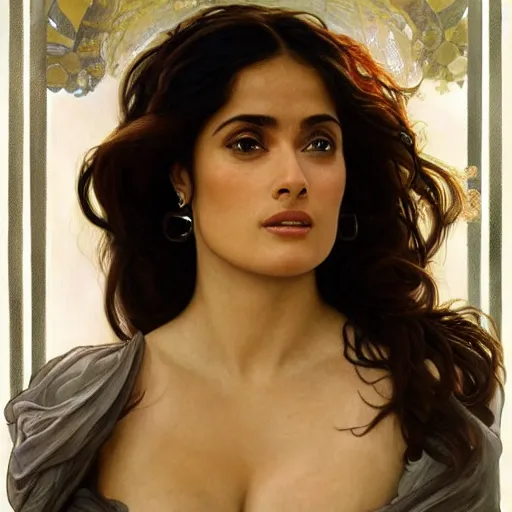 Image similar to salma hayek head and shoulders portrait by alfons mucha, playful, fantasy, medieval, beautiful face, perfect detailed eyes, vivid colrs, elegant, concept art, sharp focus, digital art, hyper - realistic, 4 k, unreal engine, highly detailed, hd, dramatic lighting by brom, trending on artstation