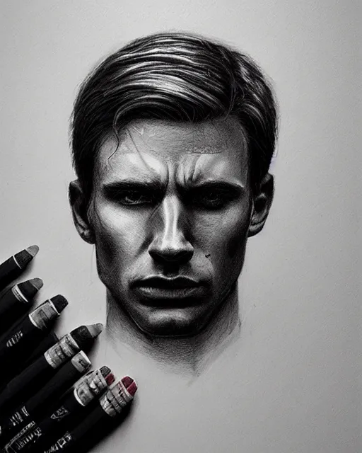 Prompt: portrait of steve rogers, realistic face, black and white drawing, in the style of greg rutkowski, fantasy, amazing detail, epic, intricate, elegant, smooth, sharp focus