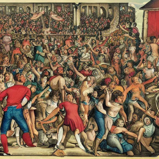 Prompt: where's wally in a crowd scene of, hellfire, demons, highly detailed