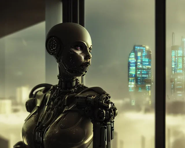 Image similar to portrait of an armored female with biomechanical cybernetic body who is drinking coffee near a window looking outside with dystopian city visible outside. very detailed 8 k. cyberpunk fantasy style. unreal engine render. global illumination. nanite. rtx. path tracing.