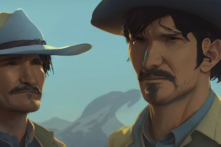 Image similar to old pedro pascal as a cowboy, single subject, scenic full shot, ambient lighting, detailed face, by makoto shinkai, stanley artgerm lau, wlop, rossdraws