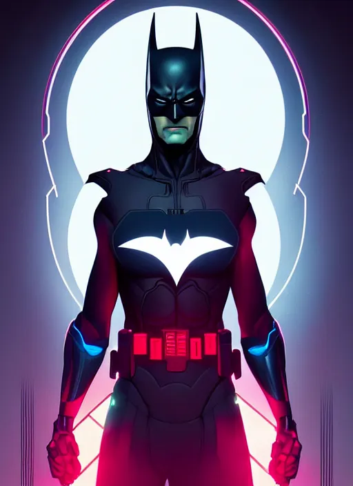 Image similar to symmetry!! portrait of batman beyond, sci - fi, tech wear, glowing lights!! intricate, elegant, highly detailed, digital painting, artstation, concept art, smooth, sharp focus, illustration, art by artgerm and greg rutkowski and alphonse mucha