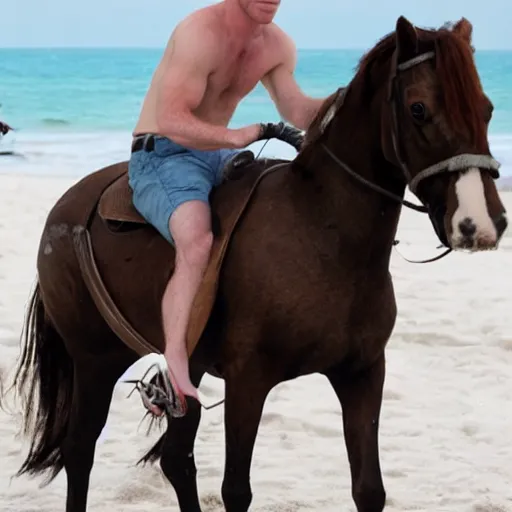 Prompt: michael c hall as dexter morgan riding a mini horse on the beach in miami