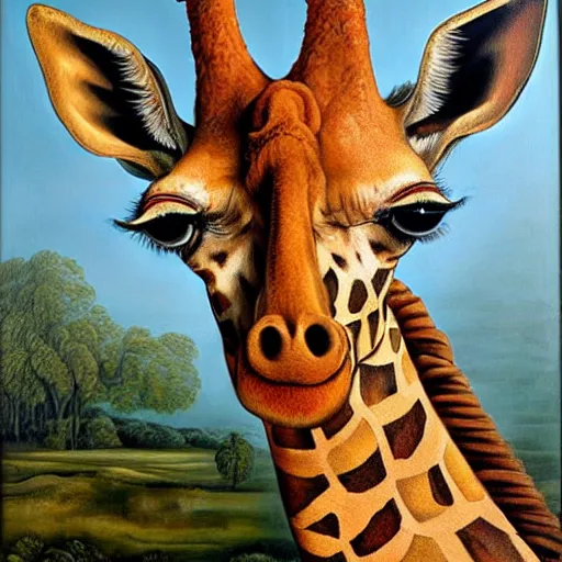 Prompt: an oil painting of a giraffe painted by arcimboldo