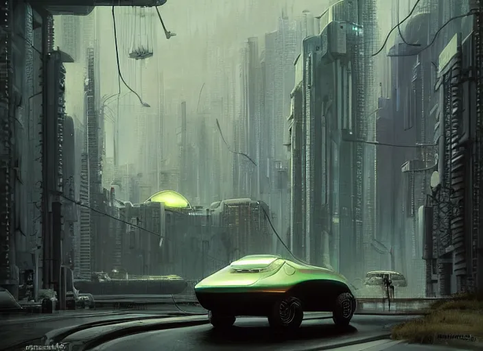 Image similar to a car bu driving down a street next to tall Forest-1 the night, cyberpunk art by Chesley Bonestell, cgsociety, retrofuturism, matte painting, reimagined by industrial light and magic