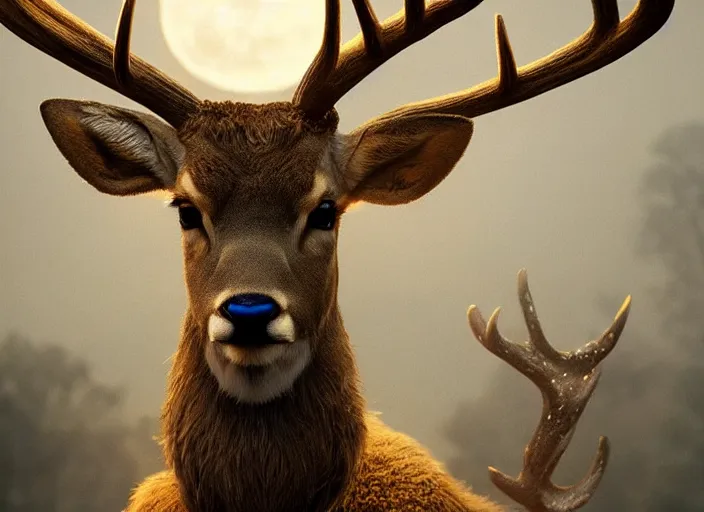 Image similar to giant deer with golden antlers, moonlight, art by artgerm and greg rutkowski, cinematic shot, intricate, photorealistic, artstation, realistic, 1 0 0 mm, photography, octane, high definition, depth of field, bokeh, 8 k