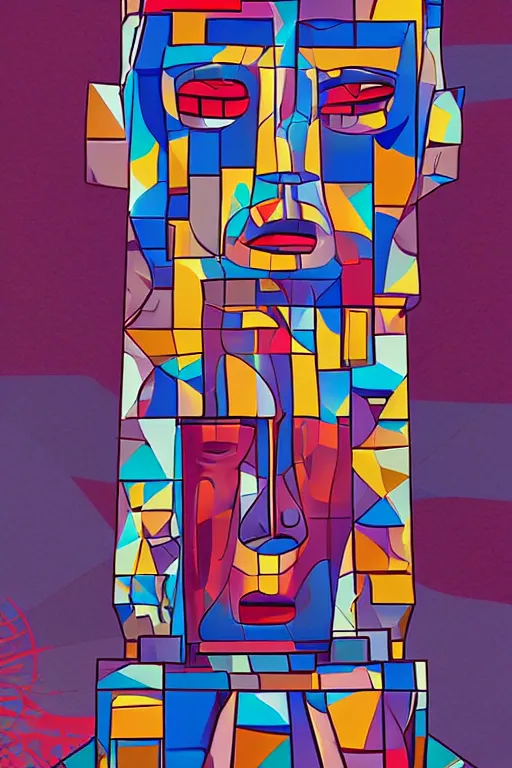 Image similar to cubist moai statue cutout digital illustration cartoon colorful beeple