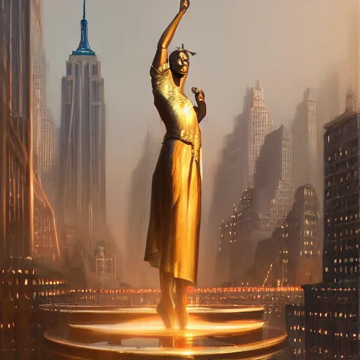 Image similar to a bronze statue stands as the centerpiece of futuristic art deco new york city, fantasy, intricate, elegant, digital painting, trending on artstation, concept art, sharp focus, illustration by greg rutkowski, Gaston Bussiere and artgerm, 4k.