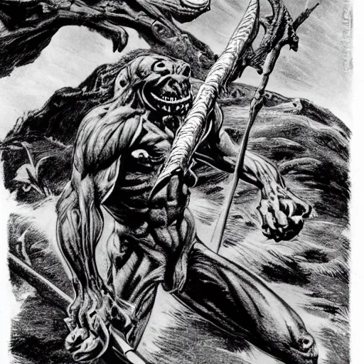 Image similar to dog-faced muscular goblin, ugly face, lizard tail, holding scimitar made of bone, hyper-detailed, primeval fantasy, prehistoric fantasy, drawn by Frank Frazetta