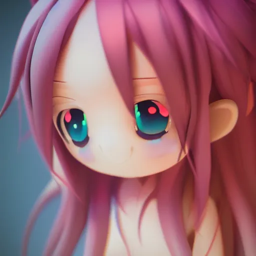 Prompt: cute fumo plush of a girl with a big heart, very long and unkempt hair, stylized pbr, subsurface scattering, outline glow, blob monster anime, bokeh, vray