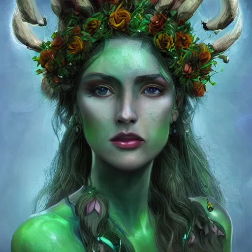 Prompt: portrait of shaman dryad goddess detailed, cinematic photo, artstation