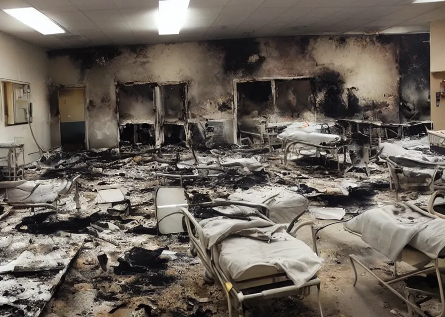 Image similar to a room in a hospital set on fire by an explosion, cats outside of the shelter