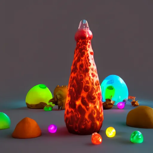 Image similar to lava lamp, gelatinous cute creature inside, happy, playful, vivid, globules, 8 k, octane render