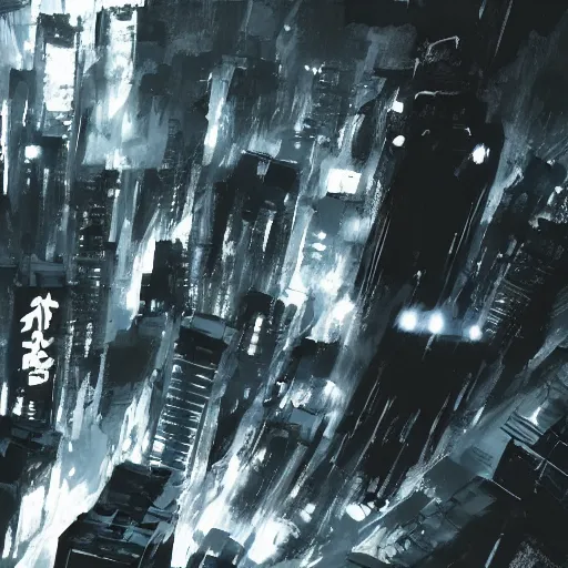 Image similar to concept art of tokyo city taken from drone by yoji shinkawa and ashley wood and j. m. w. turner, speed painting, photo bash, cinematic angle, super detailing, monochrome