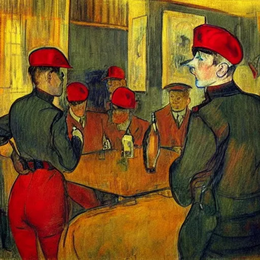 Image similar to modern red berets soldiers inside of a pub, painting by toulouse - lautrec, soldiers wearing tactical clothing, cinematic, award winning