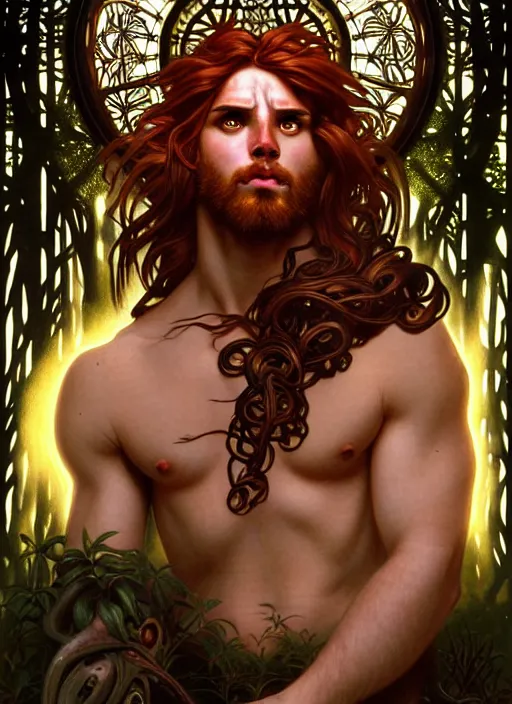 Prompt: portrait of demigod hercules, long wavy auburn hair, wild boar hide, glowing eyes, volumetric lights, forest, art nouveau botanicals, gothic, intricate, highly detailed, digital painting, artstation, concept art, smooth, sharp focus, symmetric face, illustration, steampunk, art by artgerm and greg rutkowski and alphonse mucha