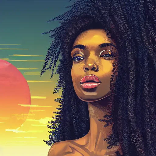 Image similar to a portrait of a black curly woman and ancient ruins with plants,digital art,retrowave art,trending on art station