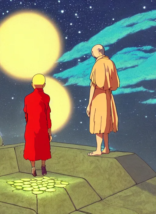 Image similar to a realistic cell - shaded studio ghibli concept art from paprika ( 2 0 0 6 ) of a floating cube from close encounters of the third kind ( 1 9 7 7 ) and a monk meditating on a misty starry night. very dull colors, hd, 4 k, hq