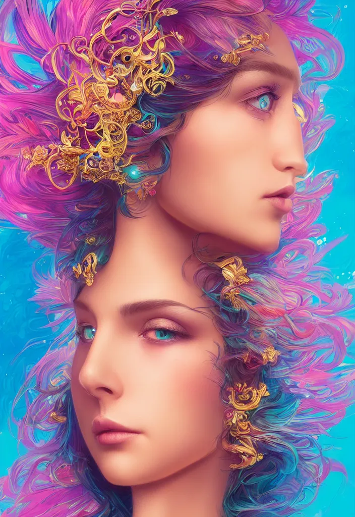 Prompt: beautiful, young woman, detailed gorgeous face, vaporwave aesthetic, synthwave, colorful, psychedelic, water droplets, feathers, crown, artstation, concept art, smooth, extremely sharp detail, finely tuned detail, ultra high definition, 8 k, unreal engine 5, ultra sharp focus, illustration, art by artgerm and greg rutkowski and alphonse mucha