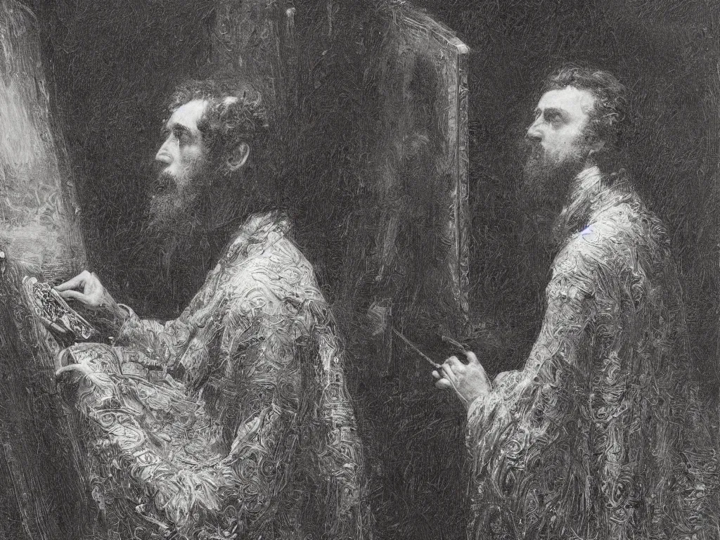 Image similar to an artificial intelligence painting a masterpiece self - portrait in his studio in the style of gustave dore