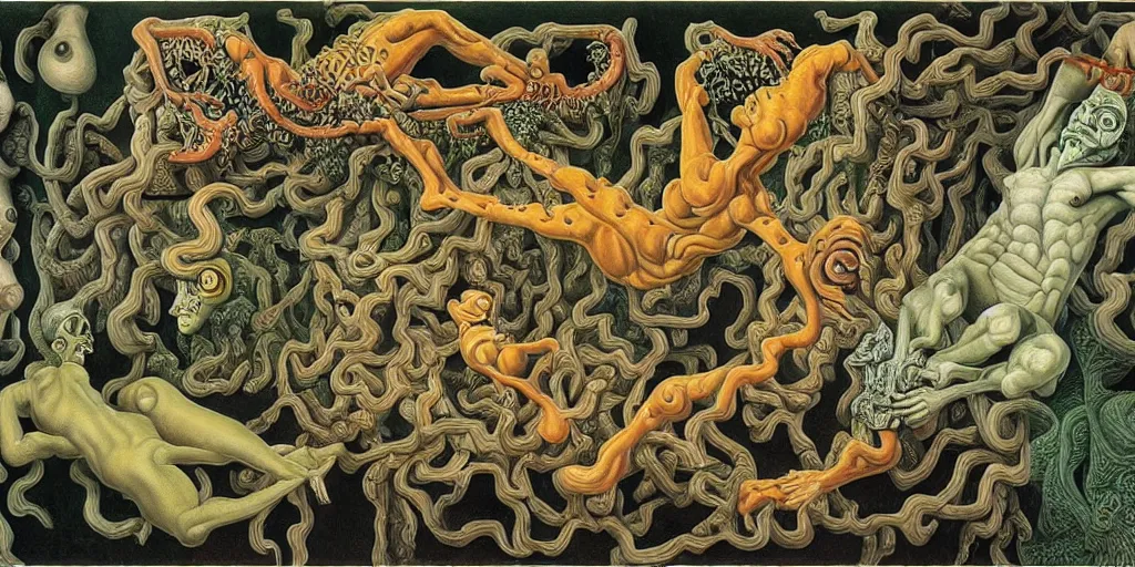 Prompt: basilisk, pain, pleasure, suffering, adventure, love, abstract oil painting by mc escher and salvador dali and raqib shaw