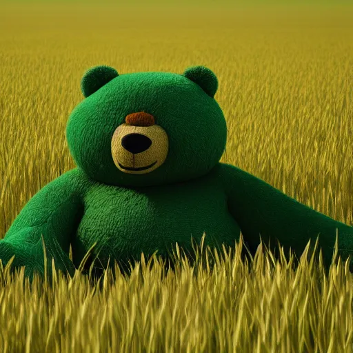 Prompt: Giant green gunmy bear sitting in a wheat field, dslr, 8k, photorealistic, cinematic, ray tracing,