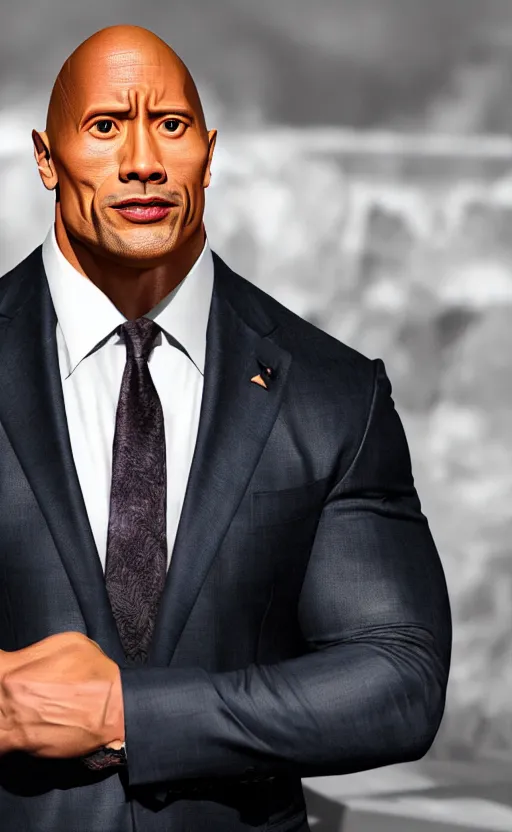Prompt: dwayne johnson wearing a suit as the president of the united states, dynamic lighting, photorealistic fantasy concept art, trending on art station, stunning visuals, creative, cinematic, ultra detailed