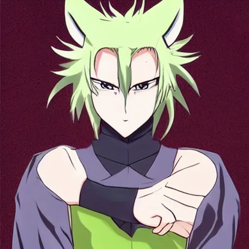 Prompt: anthropomorphic anime hero with wolf ears and a wolf tail, and green streaks in his hair. in the style of demon slayer