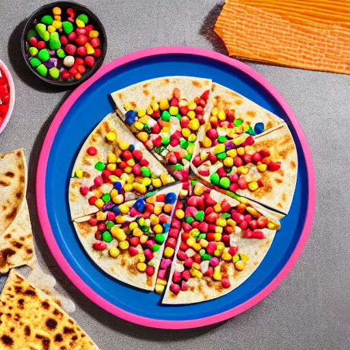 Prompt: first photos of taco bell quesadilla covered in skittles ( eos 5 ds r, iso 1 0 0, f / 8, 1 / 1 2 5, 8 4 mm, postprocessed, 4 k )