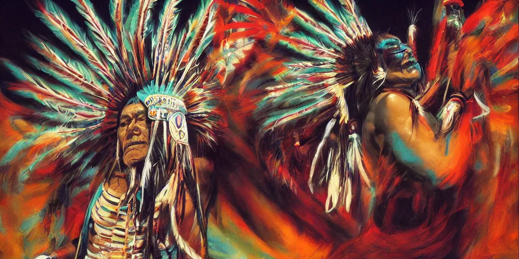 Image similar to of Native American Chief dancing spirit dance by Liam Wong and Boris Vallejo