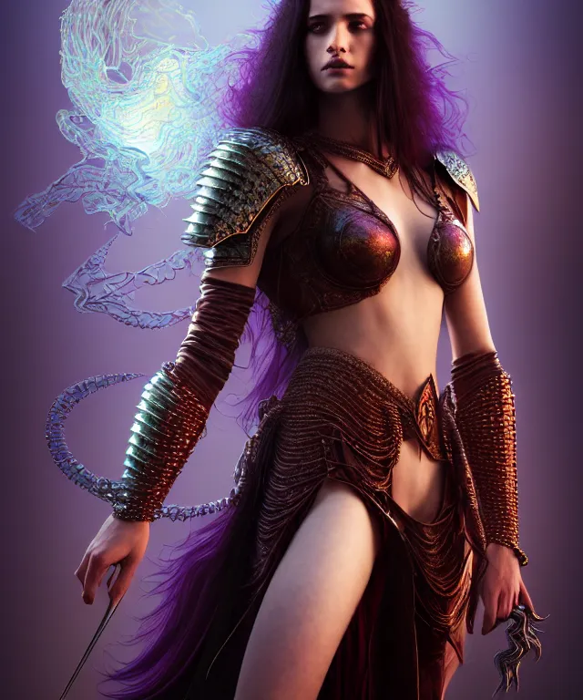 Image similar to hyperrealistic mixed media painting of a beautiful young female sorceress, stunning 3d render inspired art by P. Craig Russell and Barry Windsor-Smith + perfect facial symmetry + dim volumetric lighting, long straight black hair, pale skin, ornate crimson chainmail armor, dizzy, full body, confident heroic pose, 8k octane beautifully detailed render, post-processing, extremely hyperdetailed, intricate, epic composition, grim yet sparkling atmosphere, cinematic lighting + masterpiece, trending on artstation, very very detailed, masterpiece, stunning
