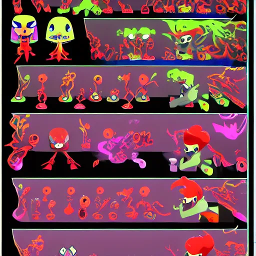 Image similar to official character sheets for a new laid back vampire squid character, artwork in the style of splatoon from nintendo, art by tim schafer from double fine studios, edgy original character color palette from the early two thousands, black light, neon, spray paint, punk, tall thin frame, adult character, fully clothed, colorful