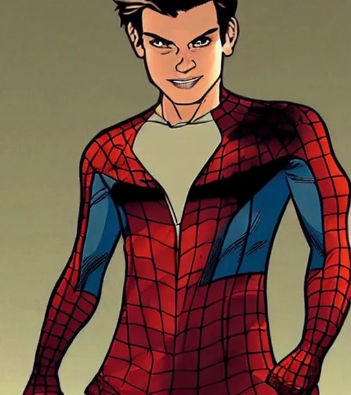 Prompt: very handsome peter parker with his spider suit removed to his waist, looking seductive