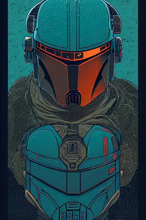 Image similar to closeup potrait of the mandalorian, intricate, volumetric lighting, moebius, geof darrow, frank miller, dan mumford, detailed illustration, digital art, victo ngai, kilian eng, vector art