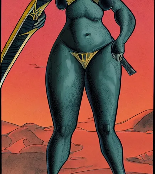 Image similar to 1 9 8 0 s fantasy novel book cover, bbw plus size amazonian peyton list in extremely tight bikini armor wielding a cartoonishly large sword, exaggerated body features, dark and smoky background, low quality print