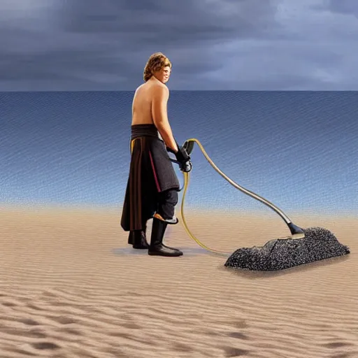 Prompt: anakin skywalker vacuuming the beach for sand, 4k, photorealistic,