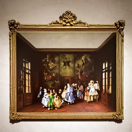 Image similar to super quality family portrait in the main room of the castle painted in 1 6 5 6, dark room, one point of light coming through the window inspired by las meninas, clear spaces between each subject and good detail and realistic eyes, faces for each person in the canva, inspired by diego velasquez baroque style, hdr