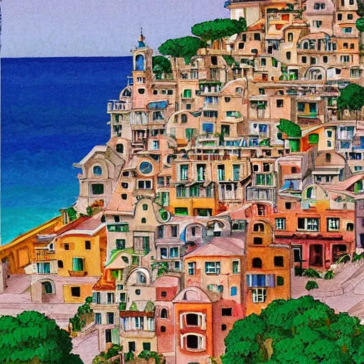 Image similar to artwork of a coastal city in Italy in the style of Studio Ghibli