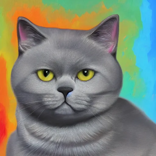 Image similar to oil painting portrait of a grey british shorthair cat fully body playing the piano with colorful abstract background with musical notes digital art concept art 4 k