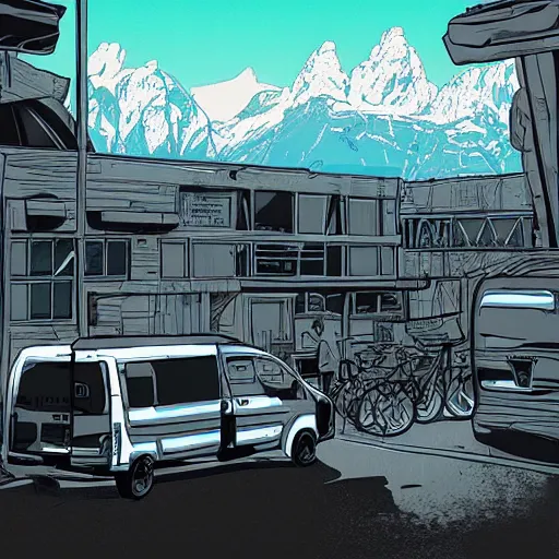 Prompt: a cyberpunk illustration of the view at grand teton national park with a white ford transit van in the background, digital art