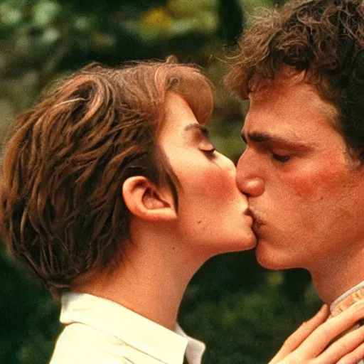 Prompt: Classic film still of a passionate kiss between two lovers, art-house aesthetic, Palme d'Or winner, 1990s