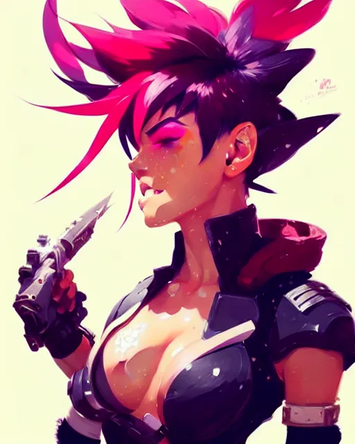 Image similar to a ultradetailed painting of vi from league of legends by conrad roset, greg rutkowski and makoto shinkai trending on artstation