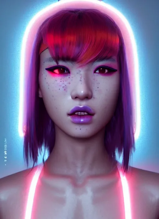 Image similar to photorealistic portrait of oriental female humanoid with freckle cheeks, dyed hair, cyber neon lightings, highly detailed, cyberpunk high fashion, elegant, crispy quality, trending in artstation, trending in pinterest, glamor pose, no signature, no watermark, cinematic, octane render, art by artgerm, art by greg rutkowski, art by pascal blanche