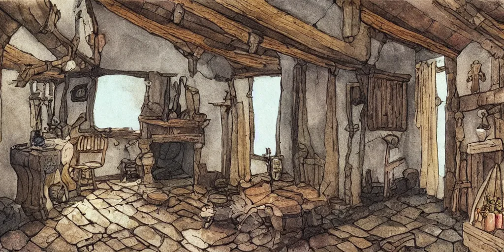Prompt: medieval cottage interior, studio ghibli